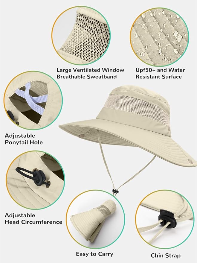 Sun Bucket Beach Hats for Women with Ponytail Hole,Sun Protection UV UPF50+ Waterproof Fishing Safari Hiking Hat