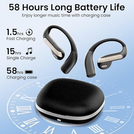 Open Ear Bluetooth 5.3 Earbuds, Wireless Headphones Sport Over Earphones Built-in Mic with Ear Hooks, 58H Playtime Ear Buds Fast Charging, IPX7 Waterproof for Running/Workout-Black
