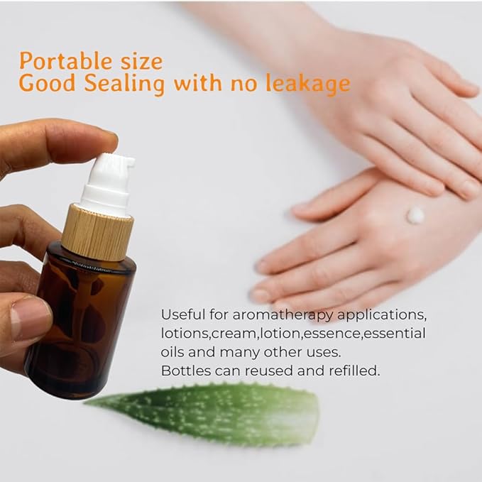 Empty Cosmetic Glass Lotion Bottles 1 oz/30ml 4 PACK with Pump Refillable Dispenser for Emulsion,Moisturizer Cream Liquids,Essential Oil Skin Care Travel Containers(Brown Clear)