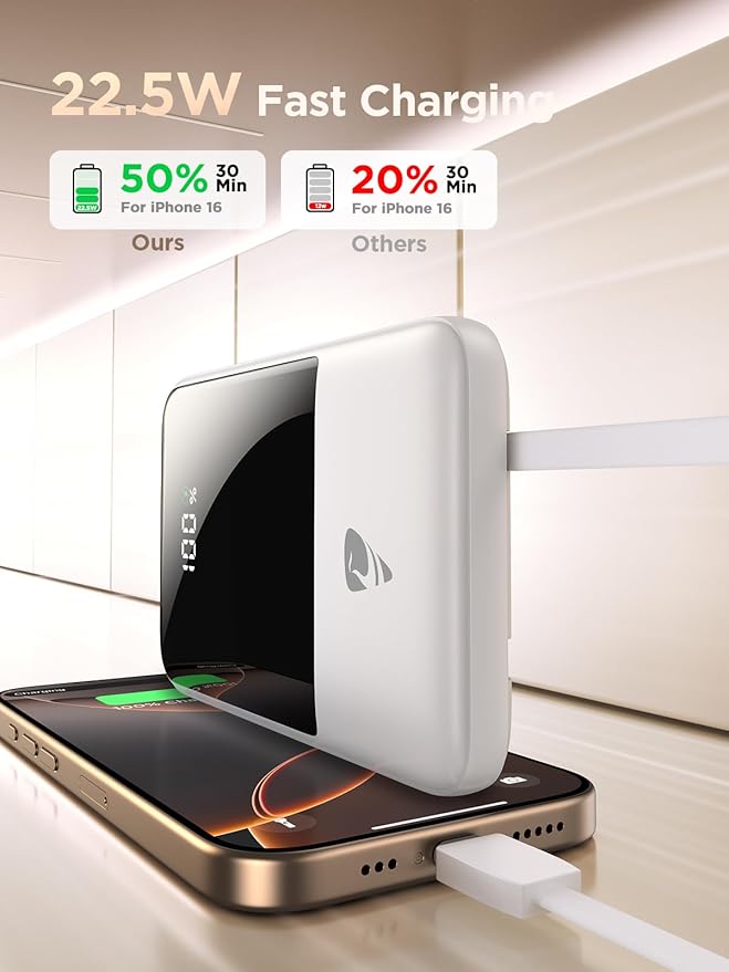 Aioneus Portable Charger, 10000mAh Power Bank 22.5W Fast Charging Portable Charger with Built in Cable Battery Pack USB C Travel Charger for iPhone11 12 13 14 15 16 Samsung GalaxyS24 S23 Android(1 Pk)