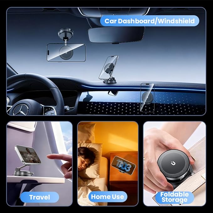 ZITUFAW 15W Fast Wireless Charger Magnetic Car Phone Holder, 360° Adjustable Magsafe Car Mount with Vacuum Suction Cup, Phone Holders for Your Car for iPhone & Android (Black)