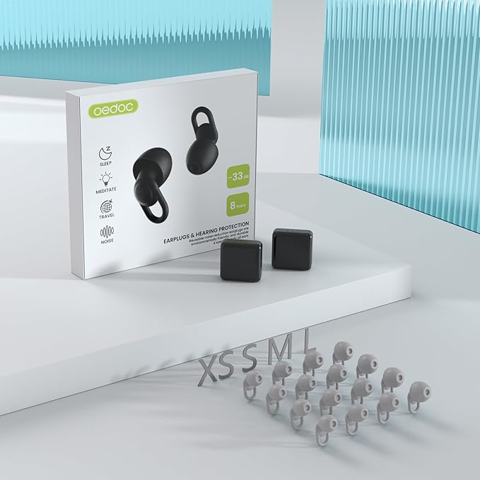 Silicone Ear Plugs for Noise Reduction - Reusable Soft Comfortable Earplugs for Sleeping,Noise Sensitivity & Flights -16 Ear Tips in XS/S/M/L, with 2 Travel Boxes - 33dB Noise Cancelling (Grey)