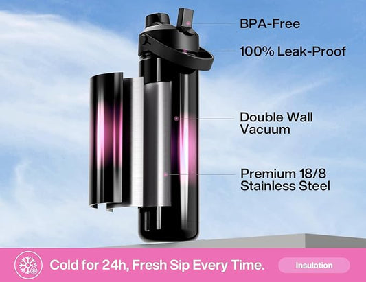 POWCAN 26 oz Insulated Water Bottle with 2-in-1 Straw and Spout Lid, Keep Cold 24H, Leak-Proof, Fits in Car Cup Holder, Stainless Steel Water Bottle for Sports, Trip, Gym, and School (Neon Night)