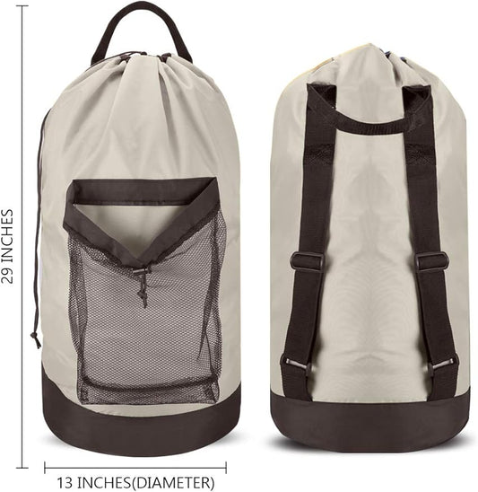 Dalykate Backpack Laundry Bag, 115L Large Hamper with Shoulder Straps, Drawstring Closure, Mesh Pocket, Khaki