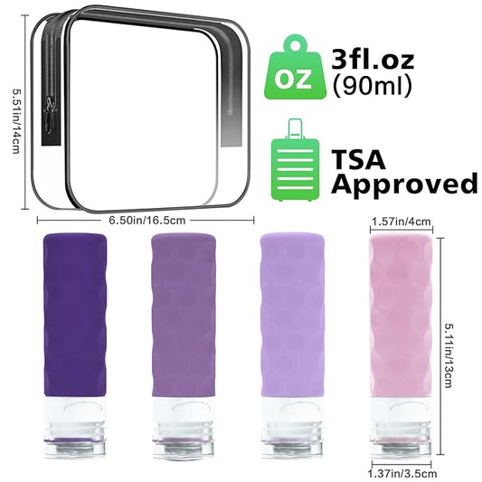 Travel Bottles for Toiletries, 4pcs Tsa Approved 3oz Travel Size Containers, BPA Free Leak Proof Premium Silicone Bottles, Refillable Liquid Squeezable Accessories W/Toiletry Bag(Purple)