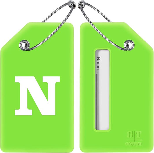 Gostwo 2 Pack Silicone Luggage Tags for Suitcases, 26 Initial Letter Baggage Labels Handbag School Bag Suitcase Instrument Tag with Stainless Steel Loop(Green)(Letter N)