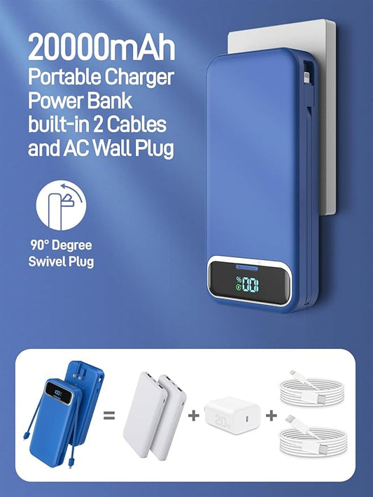 Portable Charger, 20000mAh 22.5W Fast Charging Power Bank with Built-in Cables & Wall Plug, Travel Essential External Battery Pack with LED Display, USB C Battery Phone Charger for iPhone Samsung Navy