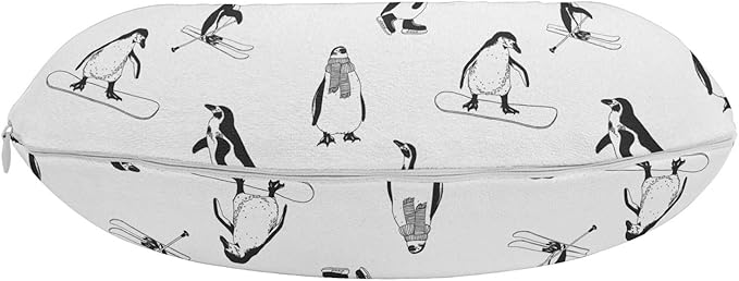 Ambesonne Penguin Travel Pillow Neck Rest, Skiing Penguins on Snowboards Winter Sports Themed Pattern Animal Bird with Scarf, Memory Foam Traveling Accessory for Airplane and Car, 12", White and Black