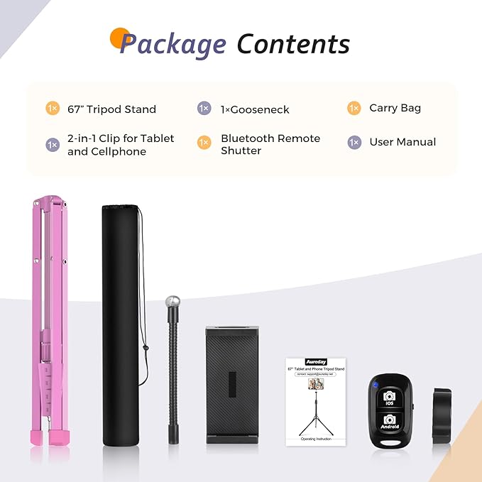 Aureday Adjustable Tripod Stand, 67” Height, Tablet Holder for iPad mini/Air/Pro, Kindle, Switch, Smartphones, 4.7”-12.9” Devices, Pink