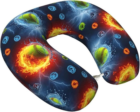 Travel Neck Pillow for Pain Relief Sleeping, Water Fire Flame Softball, Comfortable Memory Foam Chin Head Cushion Support with Zip Cover, Fashion Car Flight Pillows