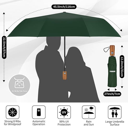 Yoobure Windproof Travel Umbrella with Wood Handle - Automatic Umbrellas for Rain & UV Sun Protection, Compact 46" Large Canopy, Lightweight Backpack Portable for Walking & Outdoor