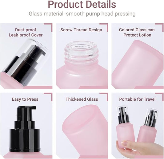 Segbeauty 2oz Frosted Glass Refillable Pump Bottles for Toiletries, 3pcs Travel Size Empty Bottles with Pumps for Foundation, 60ml Pink Travel Containers for Oils Bottle Dispenser Liquid Containers