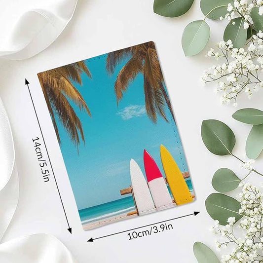 Holiday Beach Passport Holder for Travel Surfboard and Palm Tree PU Leather Passport Cover Wallet Cute Passport Card Holder for Women and Men