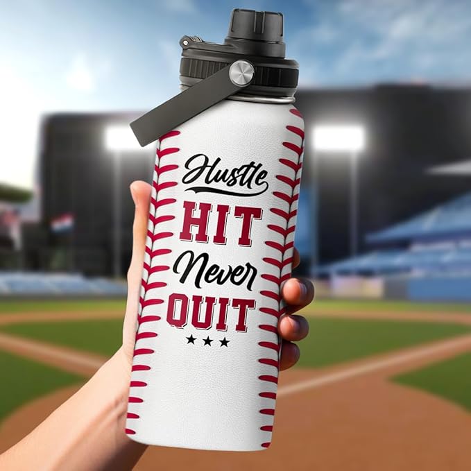 Baseball Water Bottle 32oz Hustle Hit Never Quit Stainless Steel Insulated Bottle for Men Women Sports Lovers Baseball Fans