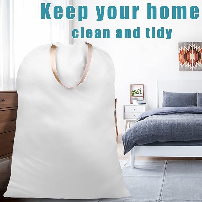 LOLOMLO Extra Large Canvas Laundry Bags with Handles & Drawstring Closure, Heavy Duty Tears Resistant Clothes Storage Travel Bags,25.5"x34",White