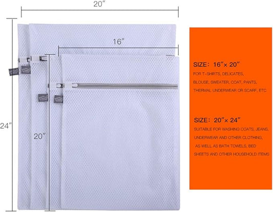 Kimmama Laundry Mesh Wash Bags, Lingerie Bags for Washing Delicates, White Net, Grey Zipper, 2XL & 2L