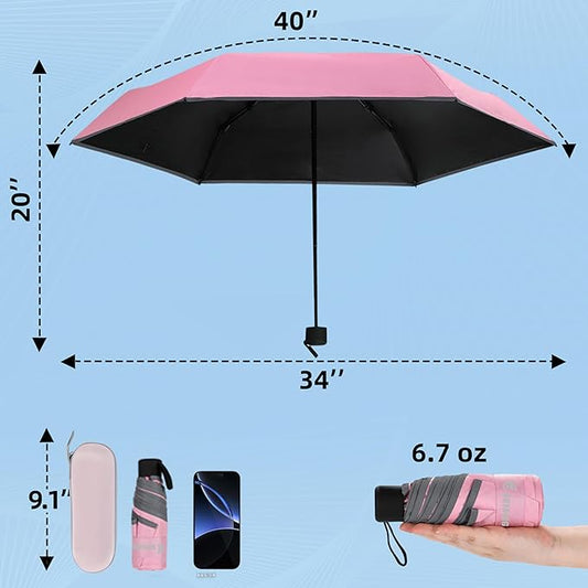 GAOYAING Mini Compact Travel Umbrella with Reflective Safety Stripes, Portable Folding Design with Case