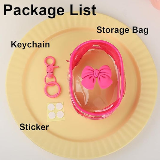 Charging Cable Storage Bag, Cute 3D Bow Tie Waves Design Transparent Compact Travel Cables Carrying Storages Case Electronic Accessories Charger Cord Wire Organizer, Rose Bow