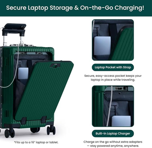 NOBL Travel Carry On Luggage, Noble Zipperless Aluminum Frame PC Hard Shell Suitcase, 20.8x15x8.7 Airline Approved, 360° Spinner Wheels, TSA Locks, USB Charging Port, Cup & Phone Holder - Forest Green