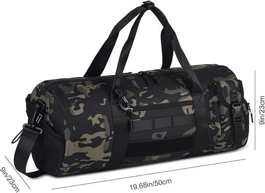 ArcEnCiel Medium Tactical Duffle Bag Men Gym Pack Molle Shoulder Bags Shoes Storage Sports Handbag with Patch(Black Camo)