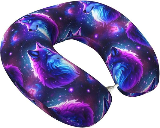 Comfortable Memory Foam Travel Neck Pillow, Funny Chin/Head Cushion Supporting Airplane Car Pillows Purple Universe Galaxy Magic Wolf in The Space Art for Sleeping Outdoors Travel Office