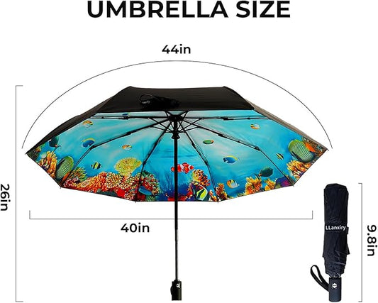 LLanxiry Compact Travel Umbrella, 44" Canopy, Automatic Open/Close Windproof Umbrella, 210T Pongee, 8-Rib Fiberglass, Travel Size Mini, Portable Rain/Sun Umbrellas UPF 50+ with Cover
