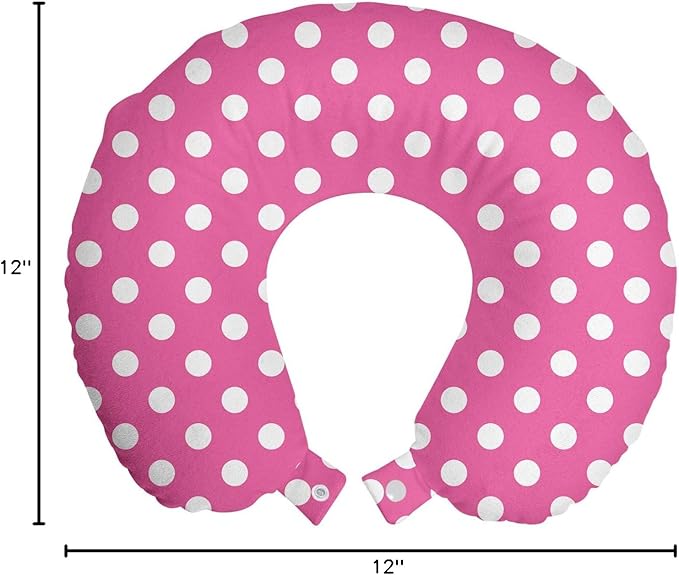 Ambesonne Pink Polka Dots Travel Pillow Neck Rest, Rows and Columns Ordered Arrangement Feminine Abstraction Graphical, Memory Foam Traveling Accessory for Airplane and Car, 12", Pink and White
