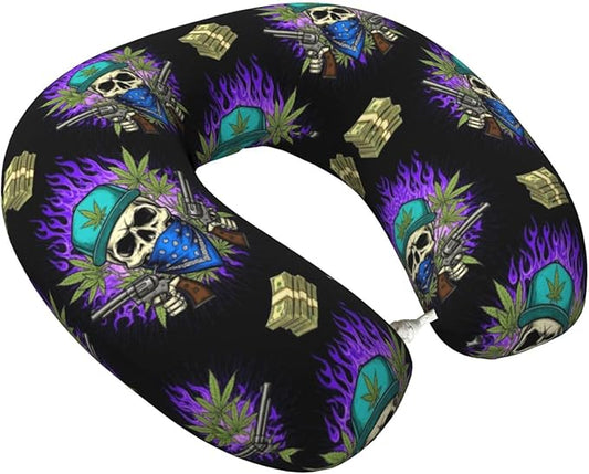 Travel Pillow Chin Neck Support, Comfortable Airplane Car Pillows for Rest, Memory Foam U Shaped Office Home Nap Sleeping Cushion Purple Fire Weedleaf Dollars Skull Skeleton