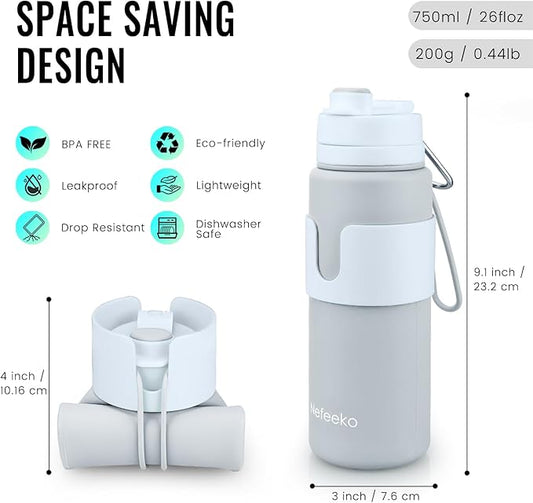 Nefeeko Collapsible Water Bottle, BPA Free 26oz Foldable Water Bottle for Travel Sports, Leak-Proof Spill-Proof Portable Water Bottles with Carabiner, Lightweight
