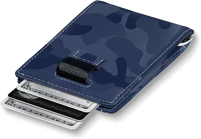 Kings Loot Money Clip Slim Minimalist Wallet for Men – RFID Blocking Leather Design with Money Clip – Front Pocket Bifold Holds 12 Cards – Stylish & Compact Wallets (Camo Blue)