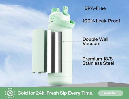 POWCAN 32 oz Insulated Water Bottle with 2-in-1 Straw and Spout Lid, Keep Cold 24H, Leak-Proof, BPA-Free, Double Wall Stainless Steel Water Bottle for Sports, Gym, Travel, and School (Mint)