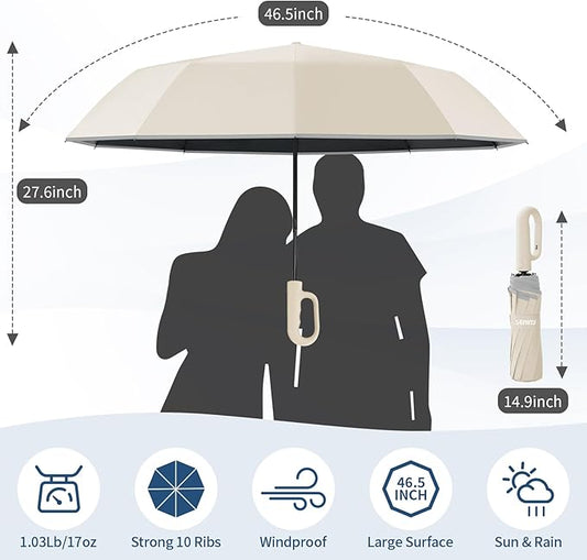 Seniny Travel Umbrella with Carabiner Handle, Windproof Large Umbrellas for Rain with Dual-Rib Structure, Portable Compact Umbrella with Reflective Strip, Car Backpack UV Umbrellas for Sun Protection