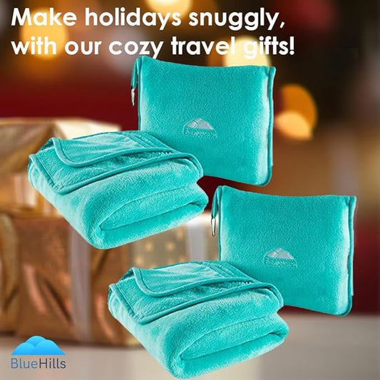 BlueHills 2-Pack Premium Soft Travel Blanket Pillow Airplane Blanket for Two in Soft Bag Pillowcase Compact Pack Large Blankets for Travel (Teal Green T012)
