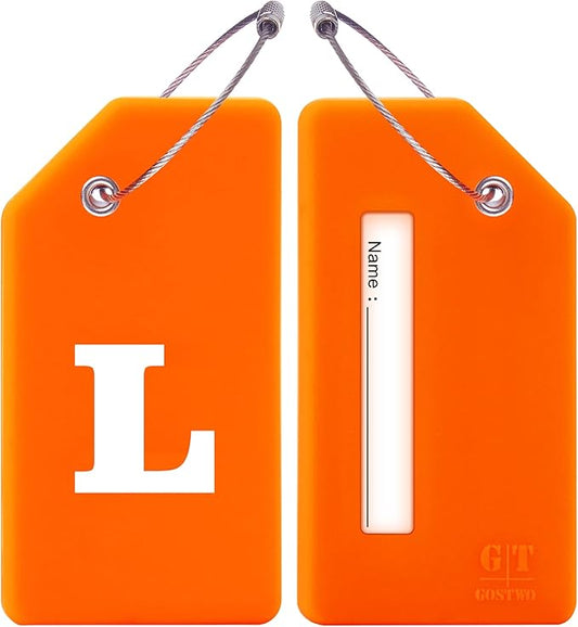 Gostwo 2 Pack Silicone Luggage Tags for Suitcases, 26 Initial Letter Baggage Labels Handbag School Bag Suitcase Instrument Tag with Stainless Steel Loop(Orange)(Letter L)