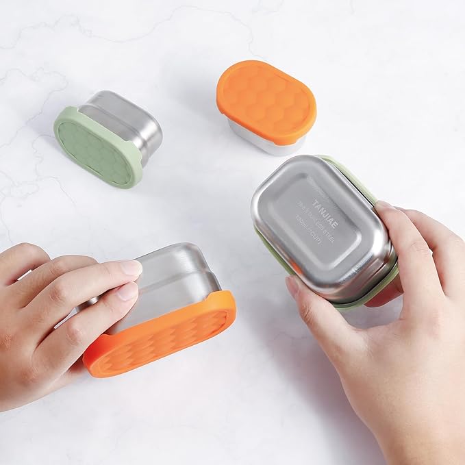 Stainless Steel Snack Containers for Kids & Salad Dressing Containers Sets | Easy Open Small Food Containers with Silicone Lids – Perfect Metal Lunch Box Containers for Daycare and School