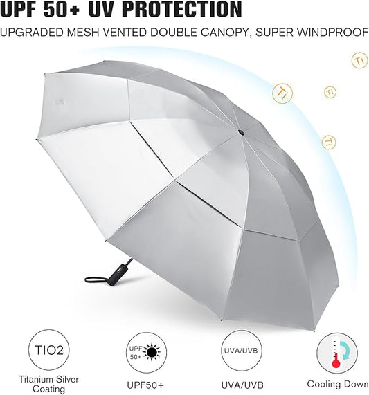 Prospo 46/62 Inch Large Travel Umbrellas for Rain Windproof, 10 Ribs Compact Reverse Folding Golf Umbrella, Double Canopy Automatic Open Close