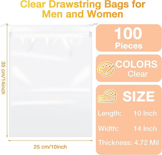 100 Packs Shoes Bags for Travel 10 x 14 Inch Large Transparent Shoe Bags Clear Drawstring Bags Plastic Waterproof Shoe Packing Bags Storage Organizer Pouch with Rope for Men Women Travel Accessories