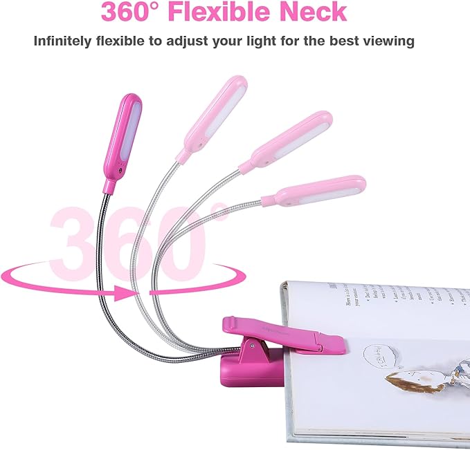 VAVOFO Rechargeable Book Light for Reading in Bed Kids, 7 LED Reading Light with 9-Level Warm Cool White Daylight, Eye Care Lamp with Power Indicator for Bookworms (Rose)