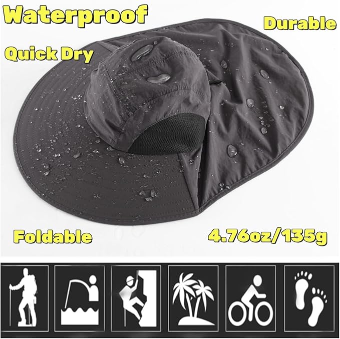 LLmoway Wide Brim Sun Hat with Neck Flap for Men Women Summer Outdoor UV Protection Breathable Fishing Hats with Strap