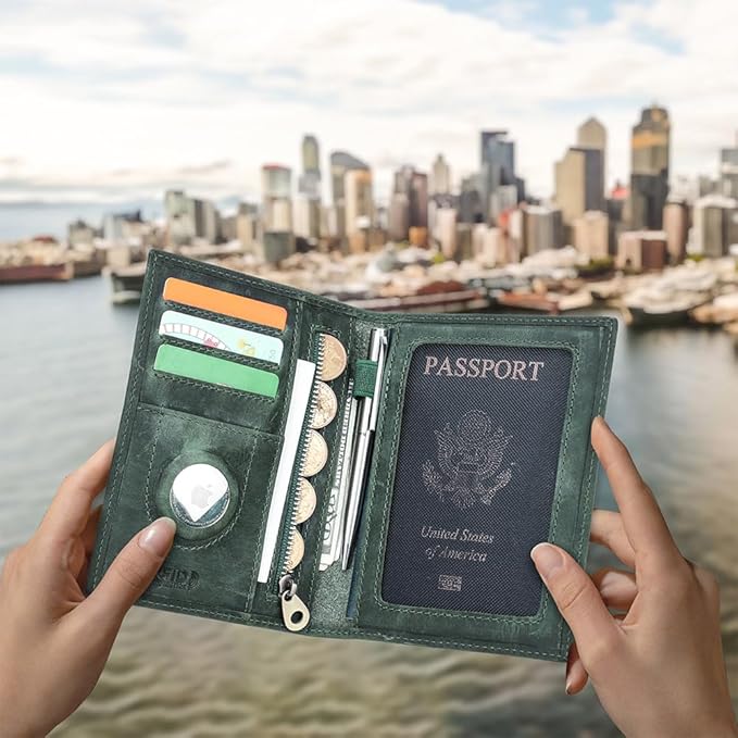 CONTACTS Full Grain Leather Airtag Passport Holder RFID Blocking Travel Passport Wallet Slim Passport Cover Case with 4 Cards Slots, Coin Pocket (Green)
