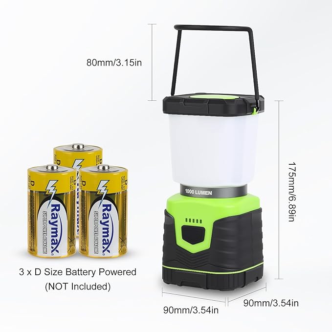 1000LM Battery Powered LED Camping Lantern, 4 Light Modes, IPX4 Waterproof, Dimmable Emergency Flashlight with Battery Indicator for Outdoor Camping, Hiking, Carabiner Clip Included