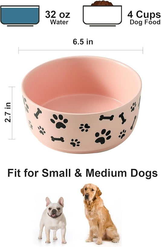 UBEE Ceramic Dog Bowl Set of 2, 6.5 inch Dog Food Bowl Dish with Bone Paw Pattern, Pet Food Water Dish Feeding for Small and Meidum Dogs and Large Cat, Pink