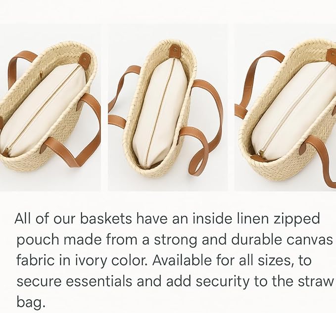 FRENCH BASKET Straw Beach Tote Bag with Leather Handles, Canvas Pouch & Zip Closure, Moroccan Market Basket for Summer