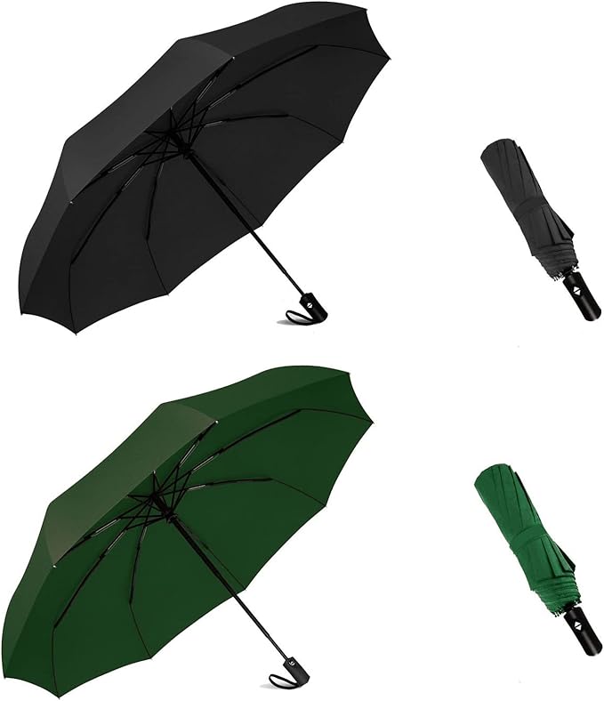 SIEPASA Two Packs Auto Open & Close Small Travel Umbrella Compact for Backpack-Umbrellas for Rain, Lightweight Strong Mini Portable Umbrellas for Men and Women. (Black & Green, 2 Pack)