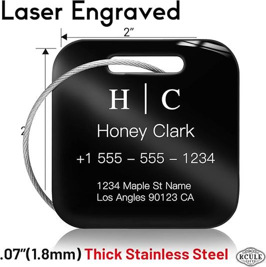 Stainless Luggage Tags for Suitcases 4 Pack: Metal Personalized Luggage Tags for Backpacks & Bags with Customizable Texts (Black)