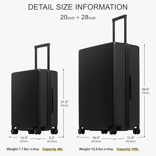 LEVEL8 Elegance Matte Luggage Set, 20 Inch Carry-on Luggage, 28“ Large Suitcase Lightweight Hardside Suitcases with Wheels,Tsa Lock,2-Piece Set(20/28), Black