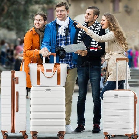 AnyZip Luggage Set 5 Piece PC ABS Hardshell Lightweight Suitcases for Travelling with 4 Universal Wheels TSA Lock Carry on Suitcase White Brown