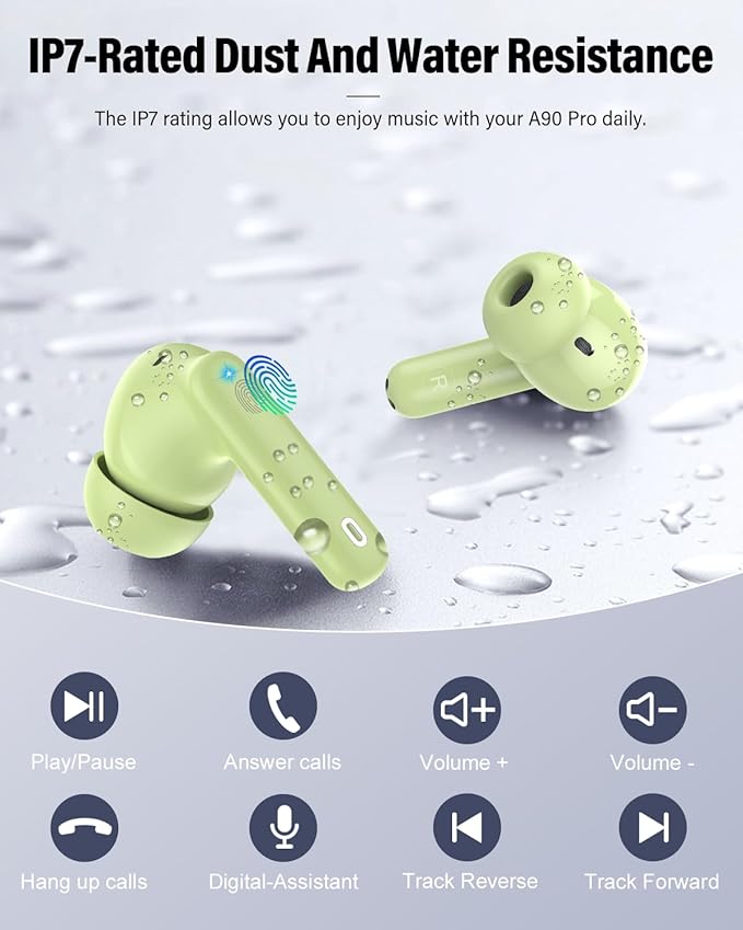 Wireless Earbuds, Bluetooth 5.4 Headphones Bass Stereo, Ear Buds with Noise Cancelling Mic, LED Display in Ear Earphones Clear Calls, IP7 Waterproof Bluetooth Earbuds for Laptop/Phones, Grass Green