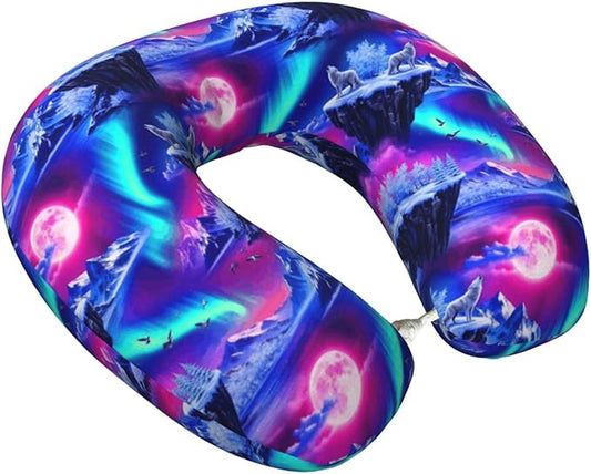Neck Travel Pillow, Breathable Memory Foam Chin & Head Support Cushion Full Moon Wolves Aurora Art for Airplane Car Sleeping Rest