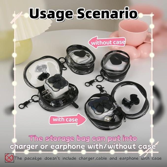 Charging Cable Storage Bag, Cute 3D Bow Tie Waves Design Transparent Compact Travel Cables Carrying Storages Case Electronic Accessories Charger Cord Wire Organizer, Black Bow